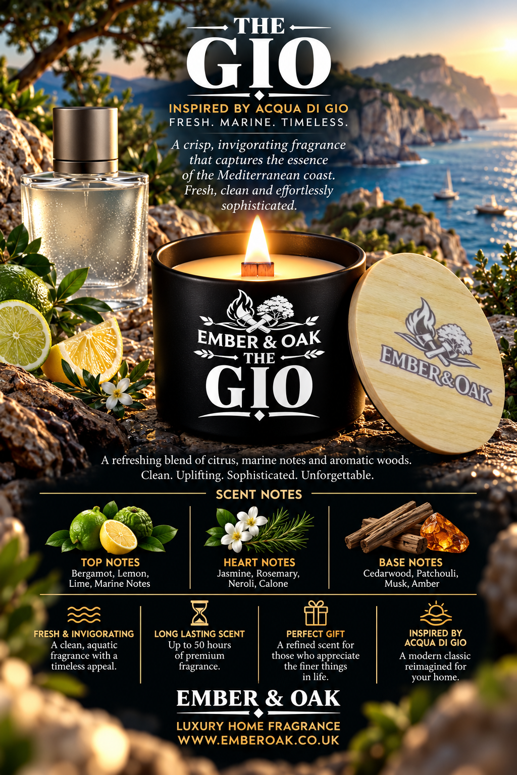 The Gio candle with Mediterranean-inspired fragrance imagery and scent notes