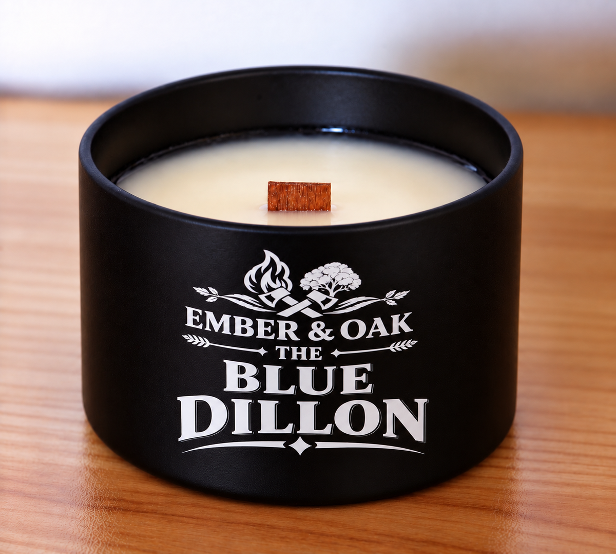     The Blue Dillon 8oz candle showing coconut soy wax and wooden wick