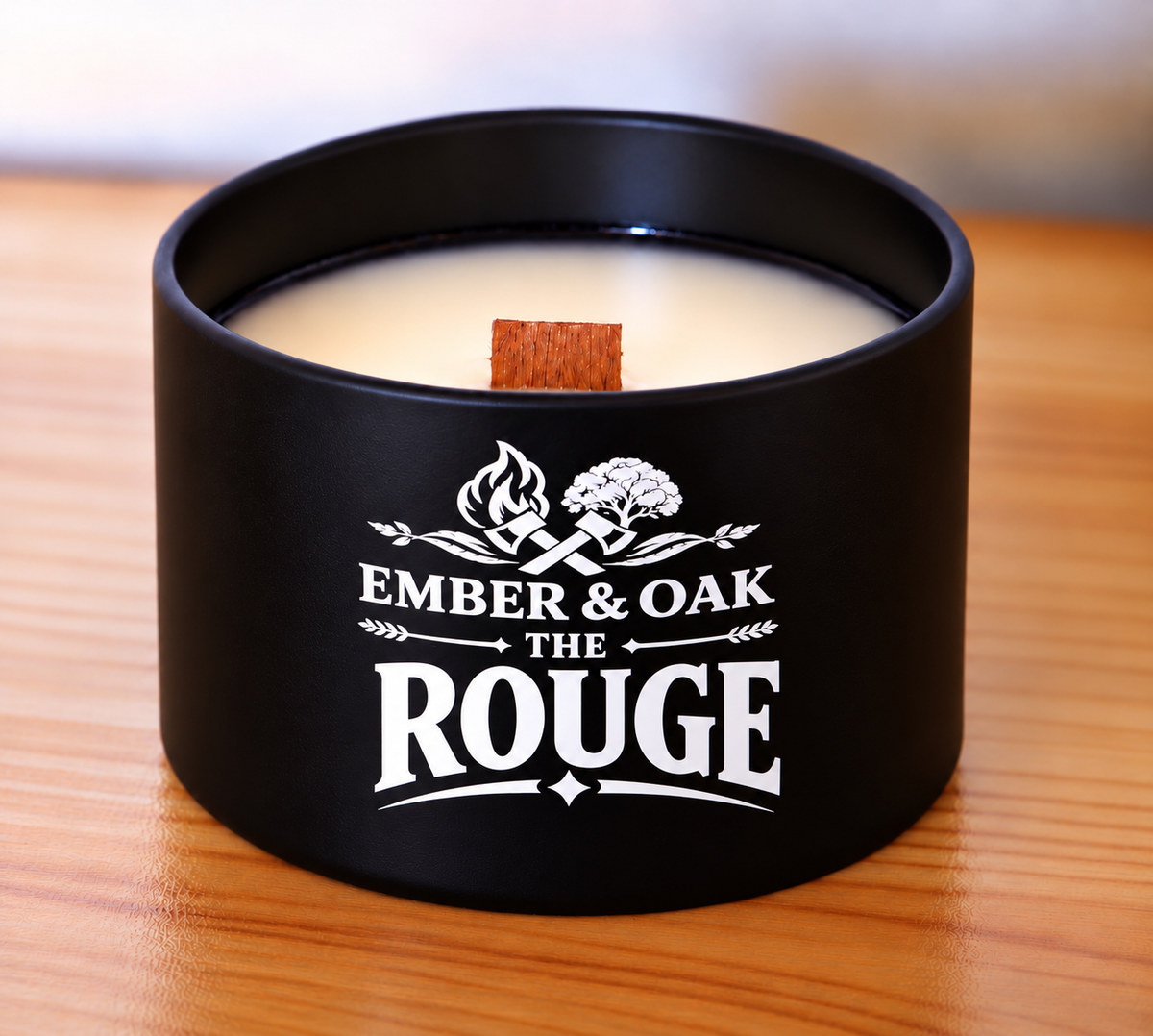     The Rouge 8oz candle showing coconut soy wax and wooden wick