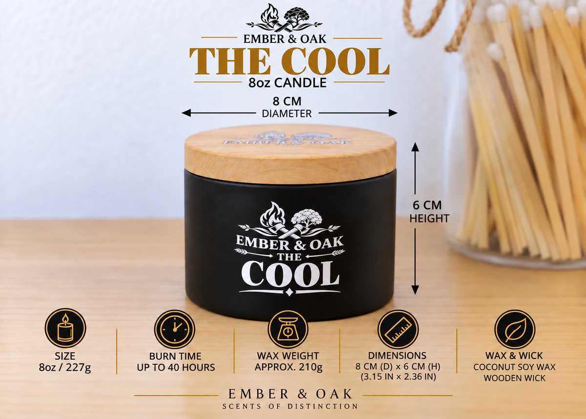     Ember & Oak The Cool 8oz candle showing dimensions, wax weight and product specifications