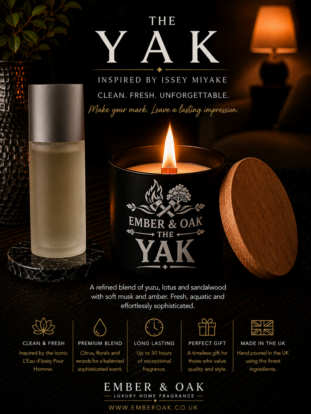 The Yak candle inspired by Issey Miyake showing fragrance inspiration and product details