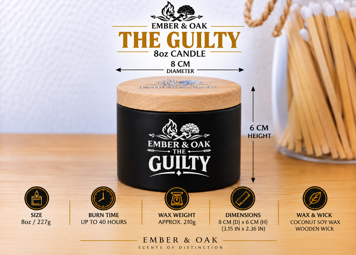     Ember & Oak The Guilty 8oz candle showing dimensions, wax weight and product specifications