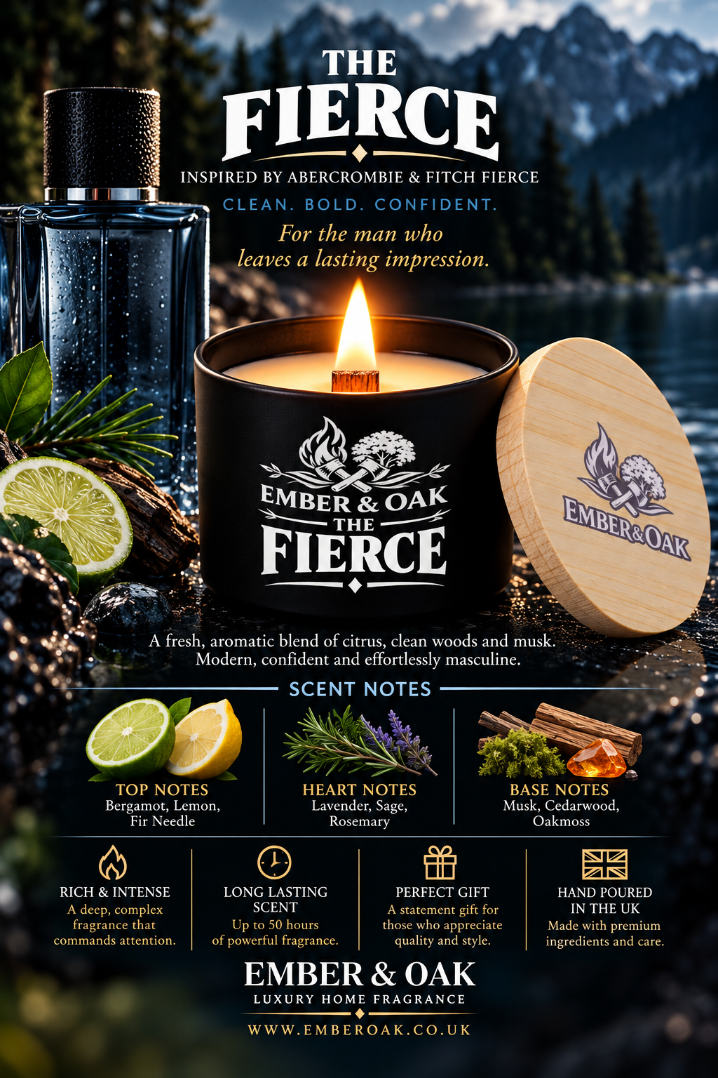     The Fierce luxury candle with Abercrombie & Fitch Fierce-inspired fragrance imagery, scent notes and product details