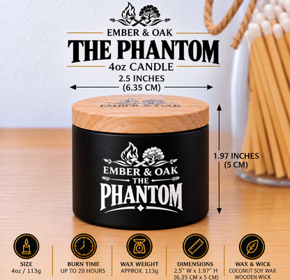     Ember & Oak The Phantom 4oz candle showing dimensions, wax weight and product specifications