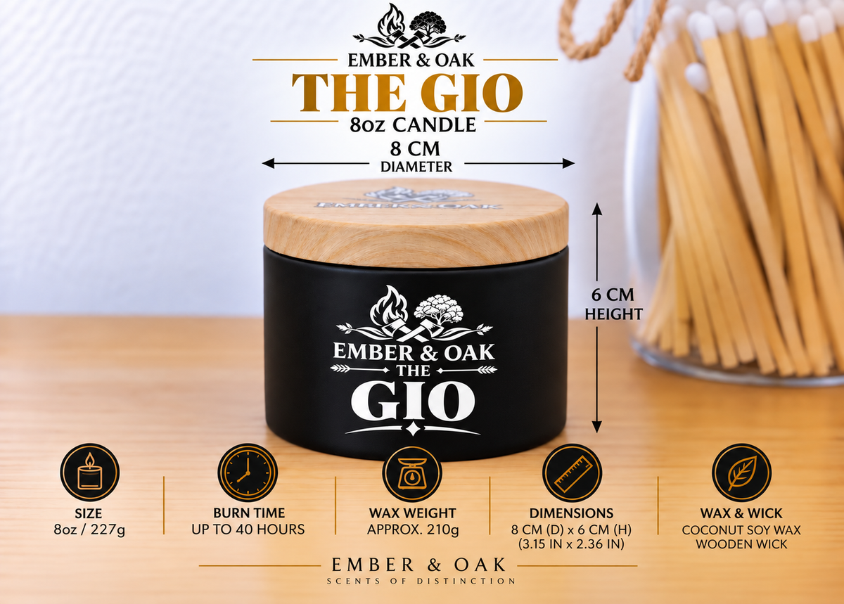 Ember & Oak The Gio 8oz candle showing dimensions, wax weight and product specifications