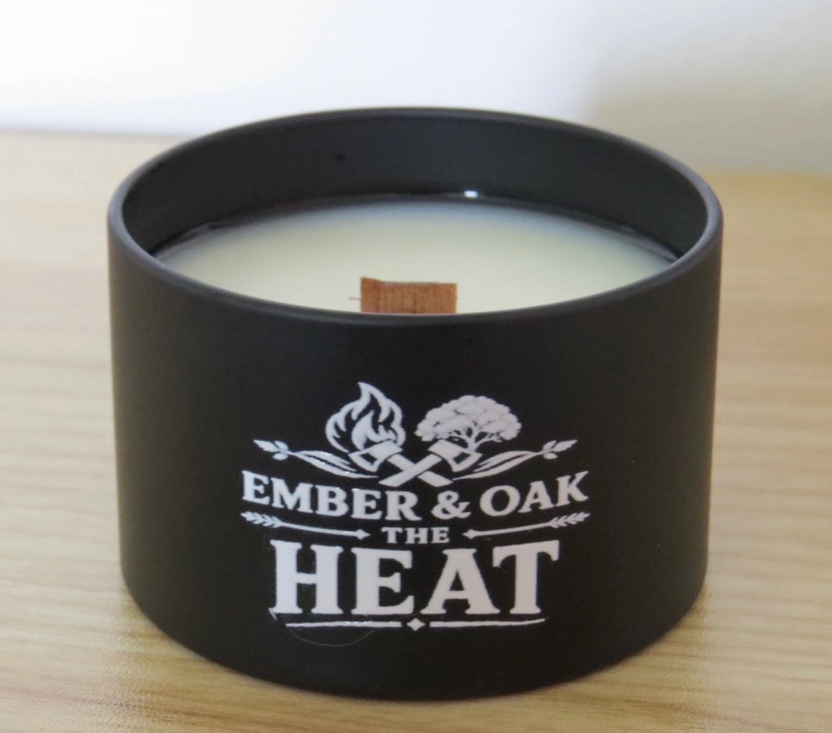     The Heat 8oz candle showing coconut soy wax and wooden wick