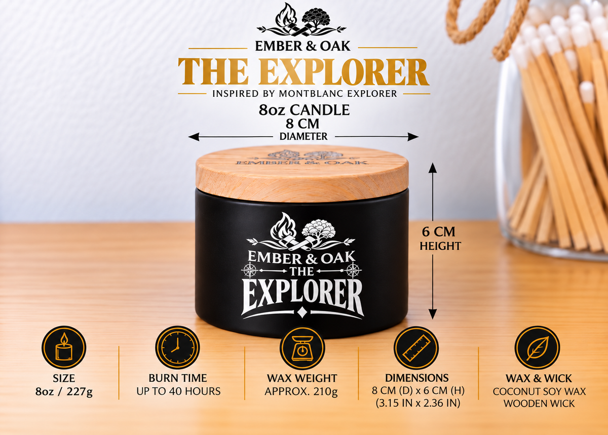     Ember & Oak The Explorer 8oz candle showing dimensions, wax weight and product specifications
