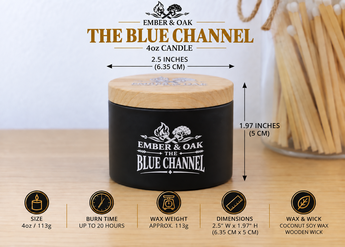     Ember & Oak The Blue Channel 4oz candle showing dimensions, wax weight and product specifications