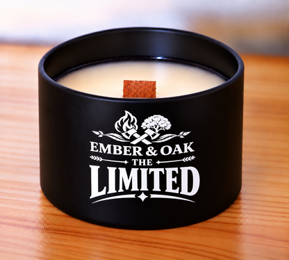     The Limited 8oz candle showing coconut soy wax and wooden wick