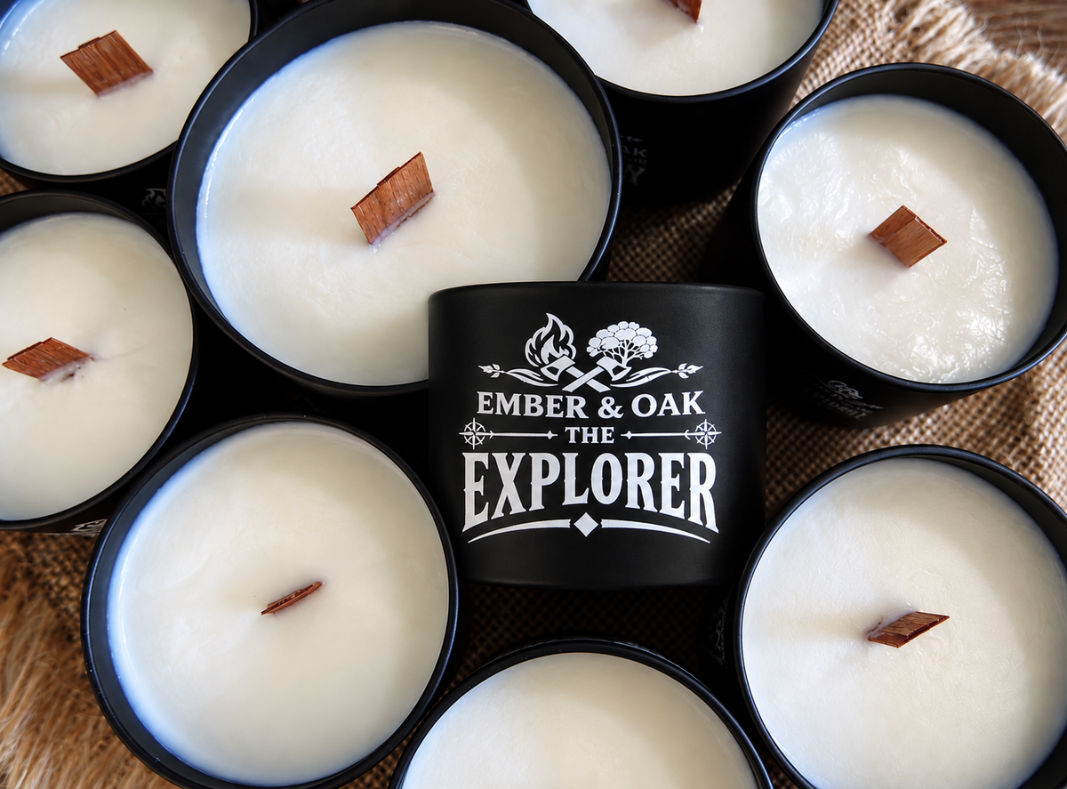     The Explorer luxury candle surrounded by multiple Ember & Oak candles