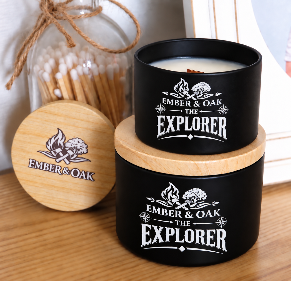     The Explorer luxury candle with wooden lid displayed alongside Ember & Oak packaging and accessories