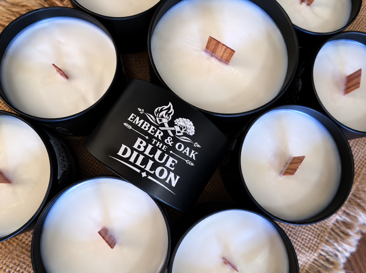     The Blue Dillon luxury candle surrounded by multiple Ember & Oak candles