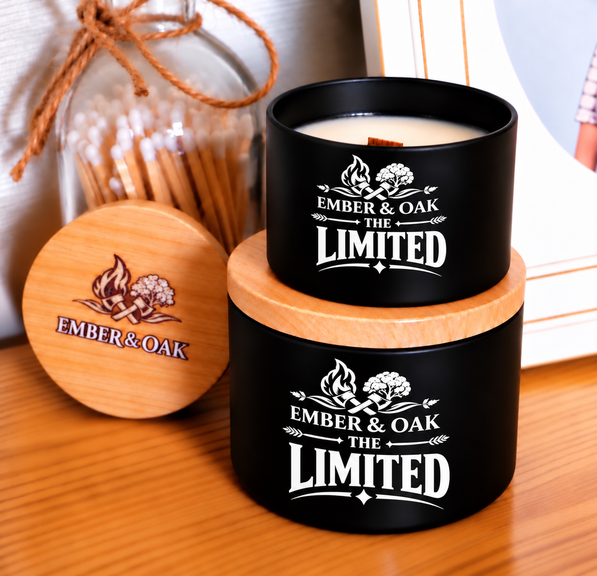     The Limited luxury candle with wooden lid displayed alongside Ember & Oak packaging and accessories
