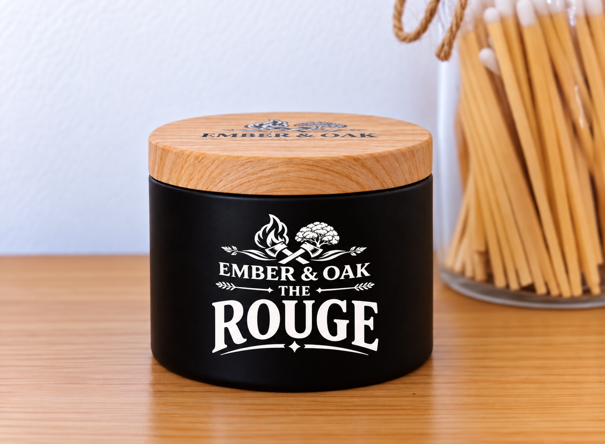     The Rouge 8oz luxury scented candle with wooden lid and Ember & Oak branding