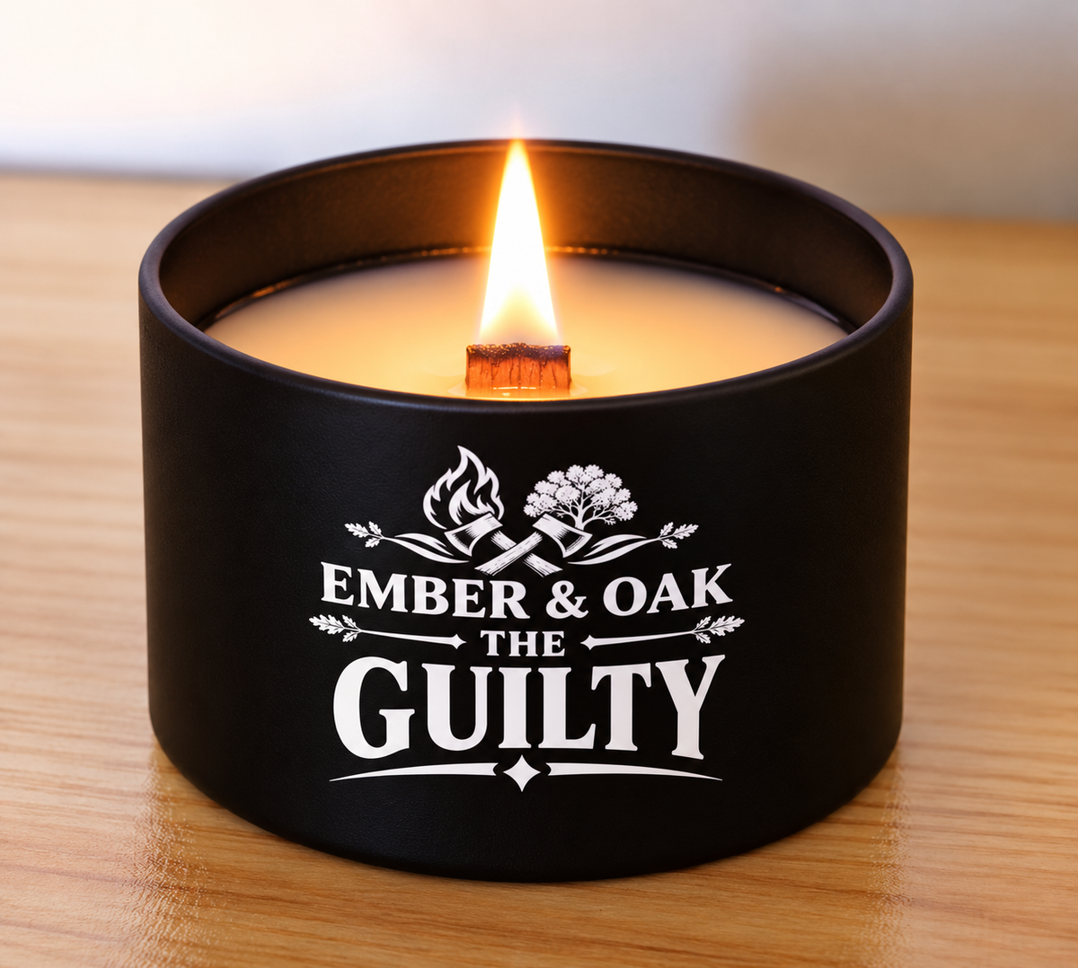     The Guilty 8oz luxury scented candle burning with wooden wick and Ember & Oak branding