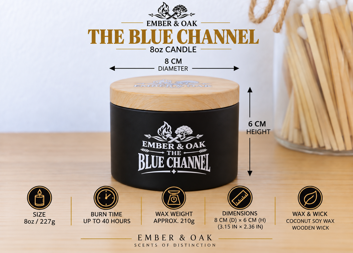     Ember & Oak The Blue Channel 8oz candle showing dimensions, wax weight and product specifications