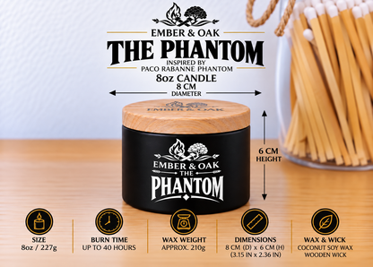     Ember & Oak The Phantom 8oz candle showing dimensions, wax weight and product specifications