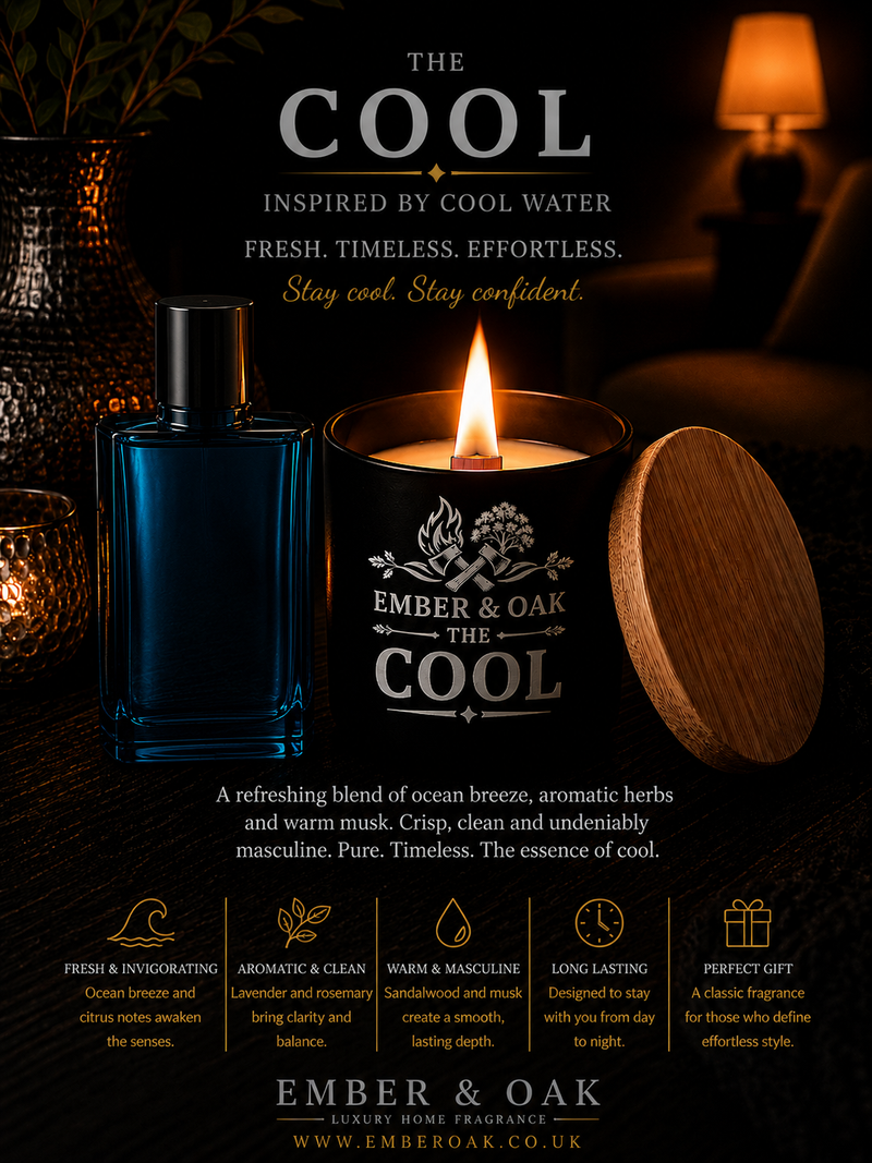 The Cool candle inspired by Cool Water showing fragrance inspiration and product details