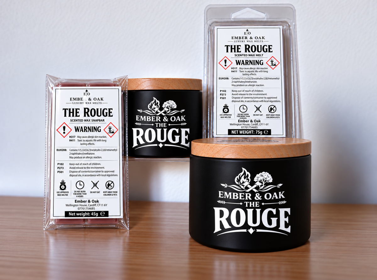     The Rouge candle, wax melt and snap bar displayed together with Ember & Oak packaging