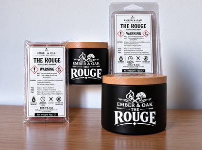     The Rouge candle, wax melt and snap bar displayed together with Ember & Oak packaging