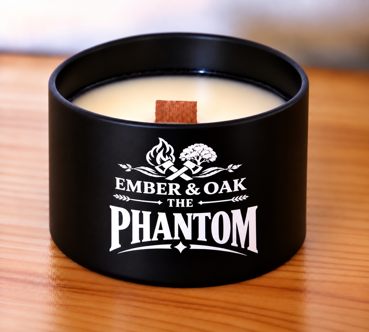    The Phantom 8oz candle showing coconut soy wax and wooden wick