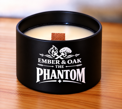     The Phantom 8oz candle showing coconut soy wax and wooden wick