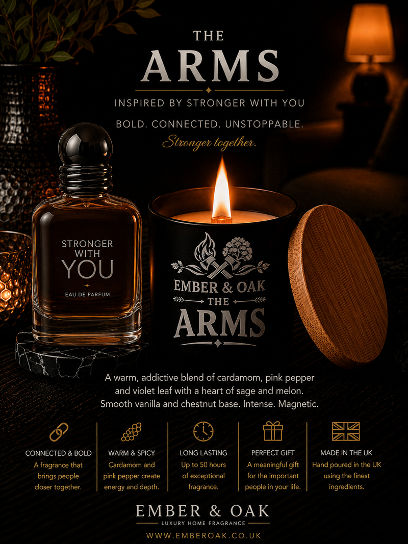 The Arms candle inspired by Stronger With You showing fragrance inspiration and product details