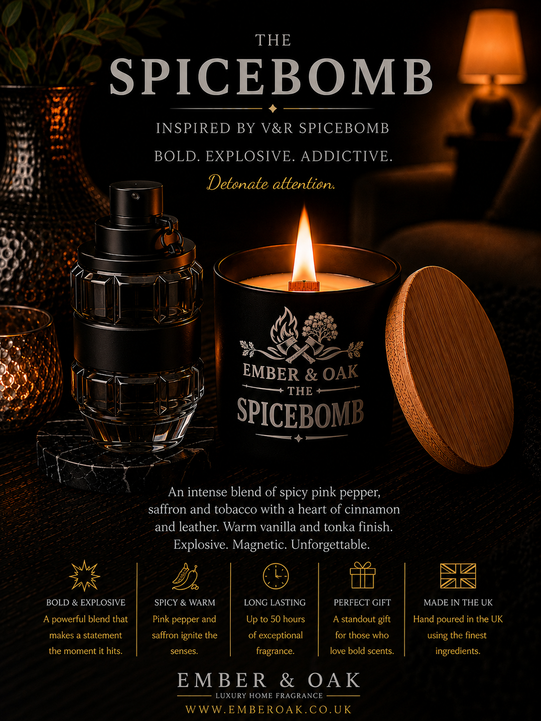 The Spicebomb candle inspired by Spicebomb showing fragrance inspiration and product details