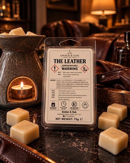     Ember & Oak The Leather luxury scented wax melt with wax melt burner and individual wax melts