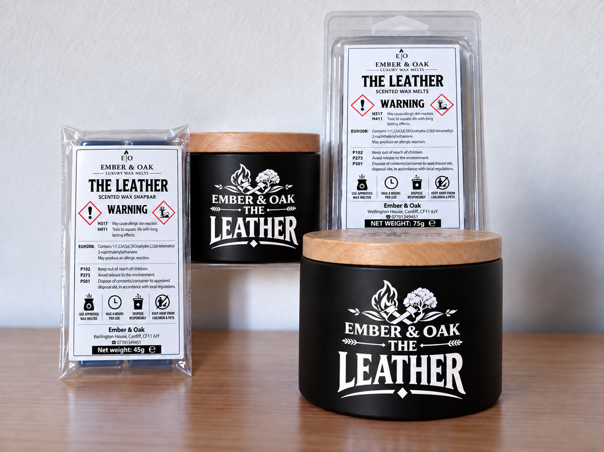 The Leather candle, wax melt and snap bar displayed together