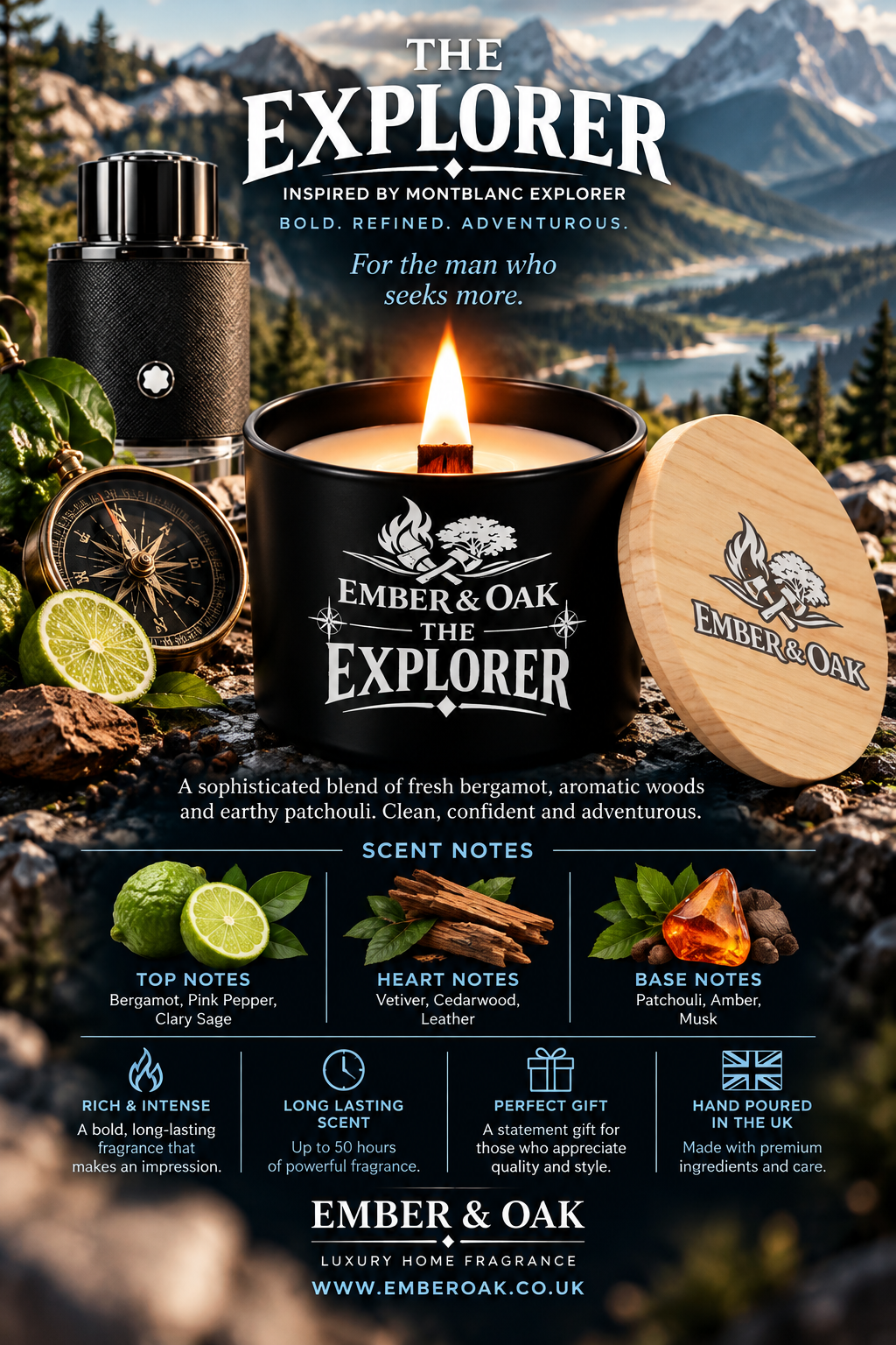     The Explorer luxury candle with Montblanc Explorer-inspired fragrance imagery, scent notes and product details