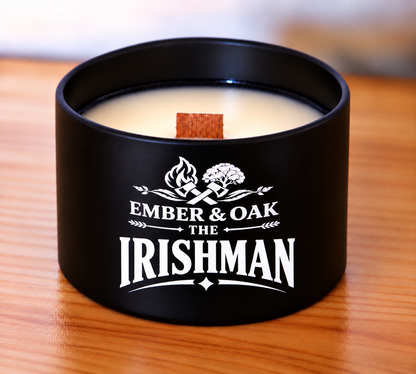     The Irishman 8oz candle showing coconut soy wax and wooden wick