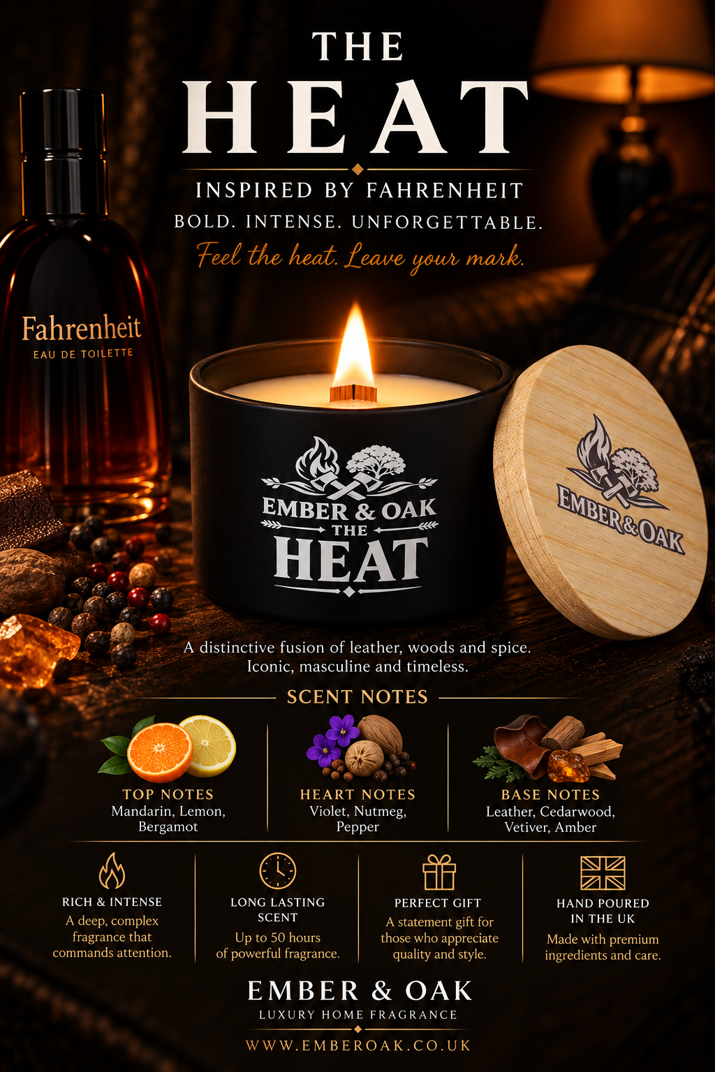     The Heat luxury candle with Fahrenheit-inspired fragrance imagery, scent notes and product details