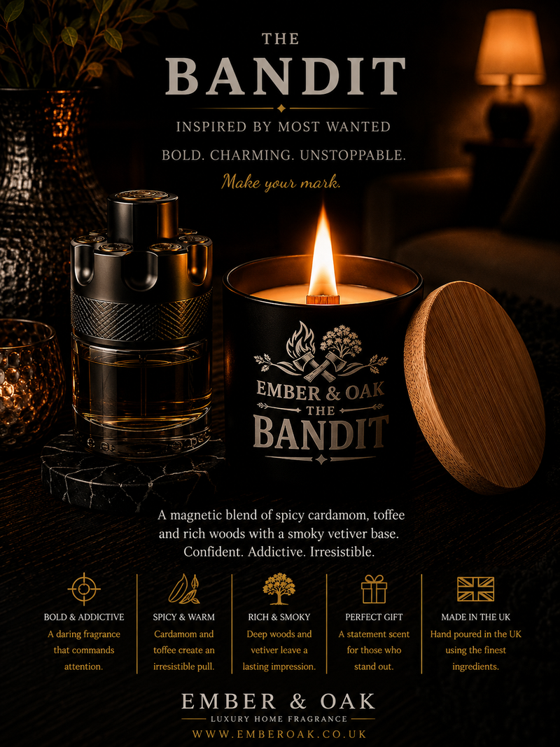The Bandit candle inspired by The Most Wanted showing fragrance inspiration and product details