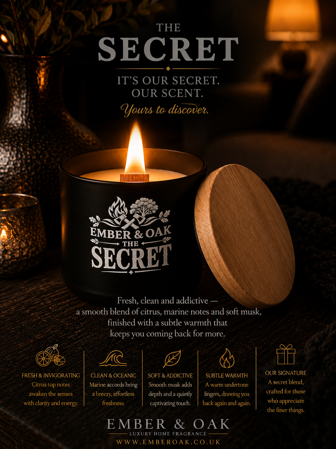 The Secret exclusive candle showing Ember & Oak fragrance details