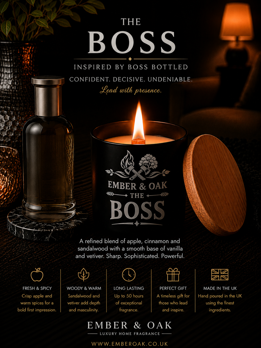 The Boss candle inspired by Boss Bottled showing fragrance inspiration and product details