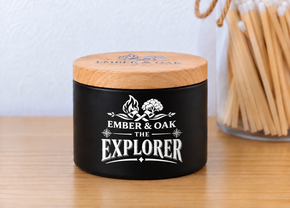     The Explorer 8oz luxury scented candle with wooden lid and Ember & Oak branding