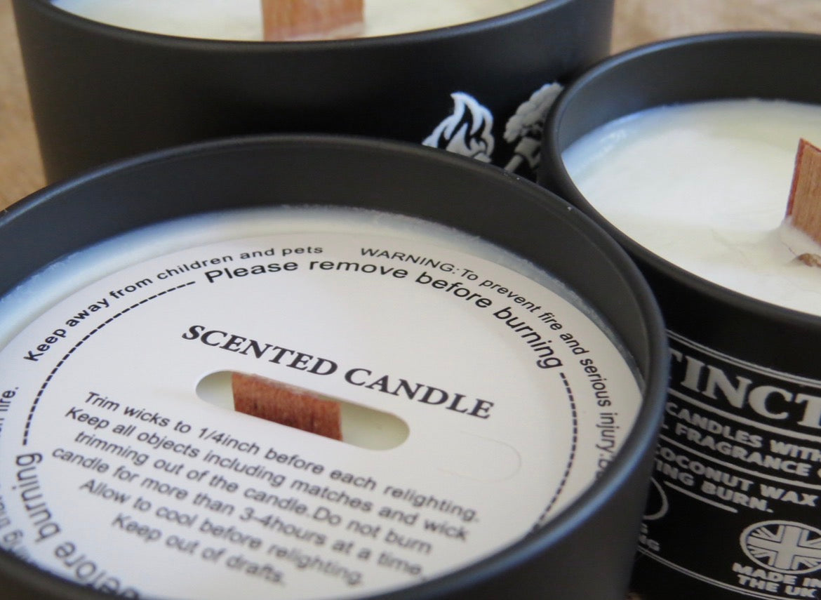 Ember & Oak candle safety label showing candle care and burning instructions