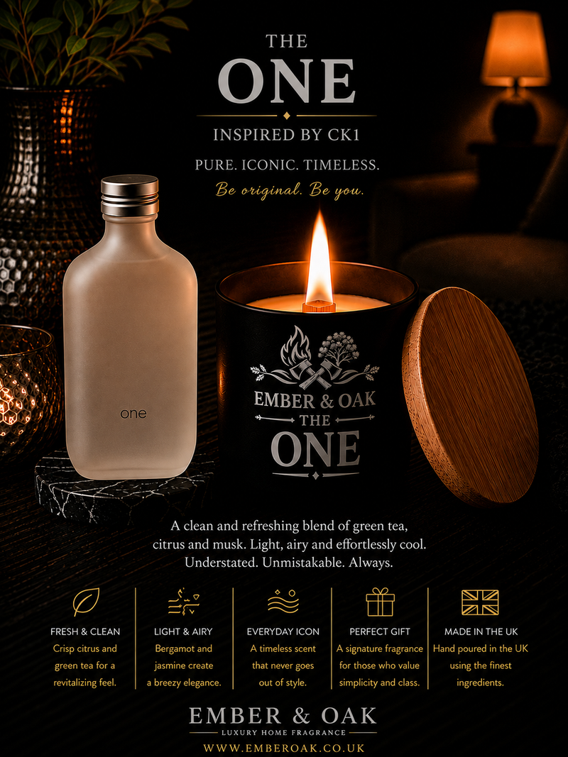 The One candle inspired by CK One showing fragrance inspiration and product details