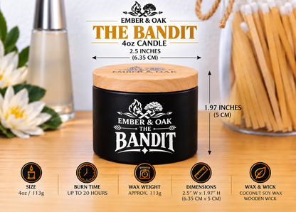     Ember & Oak The Bandit 4oz candle showing dimensions, wax weight and product specifications