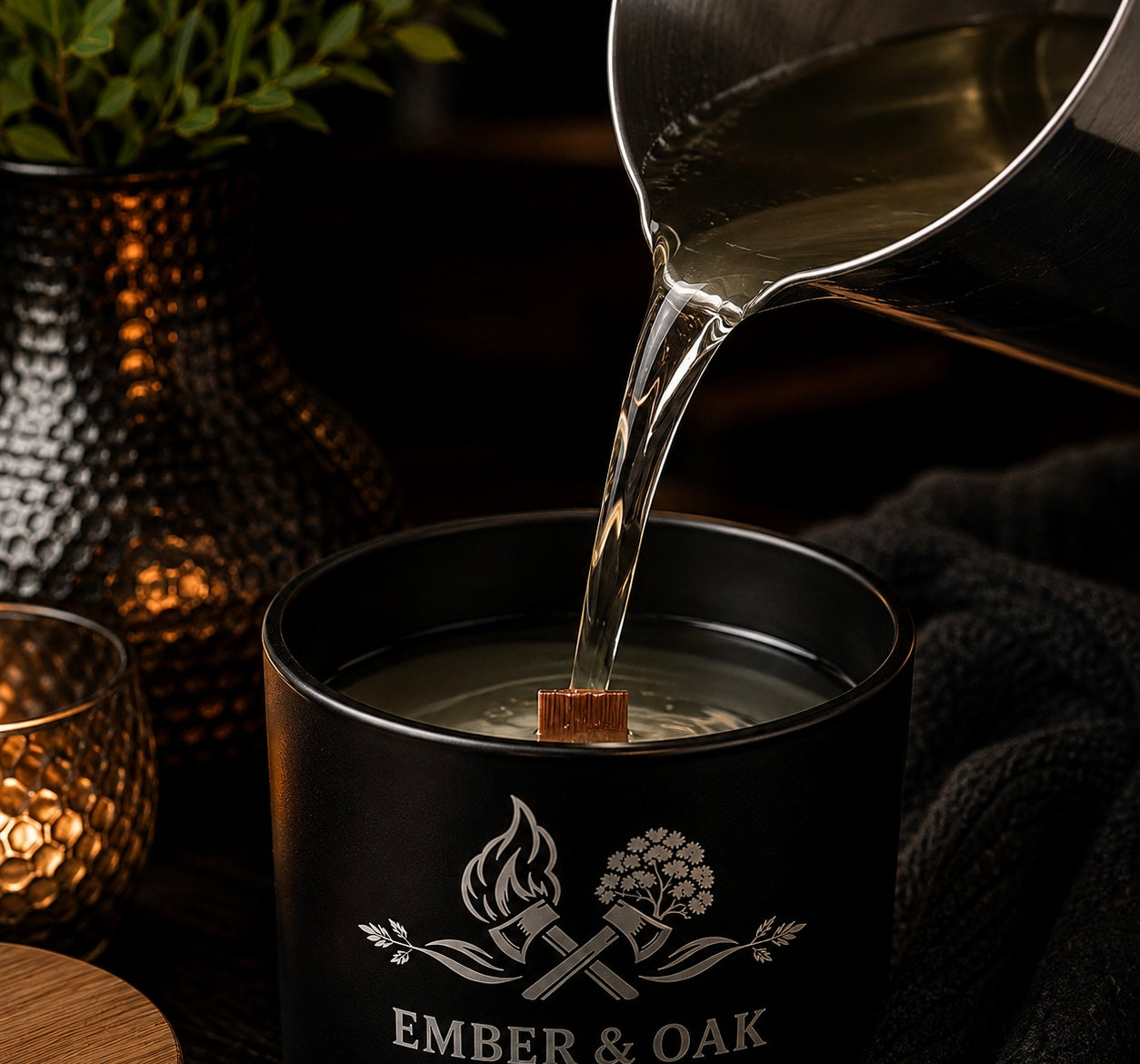 Ember & Oak candle being freshly hand-poured with coconut wax