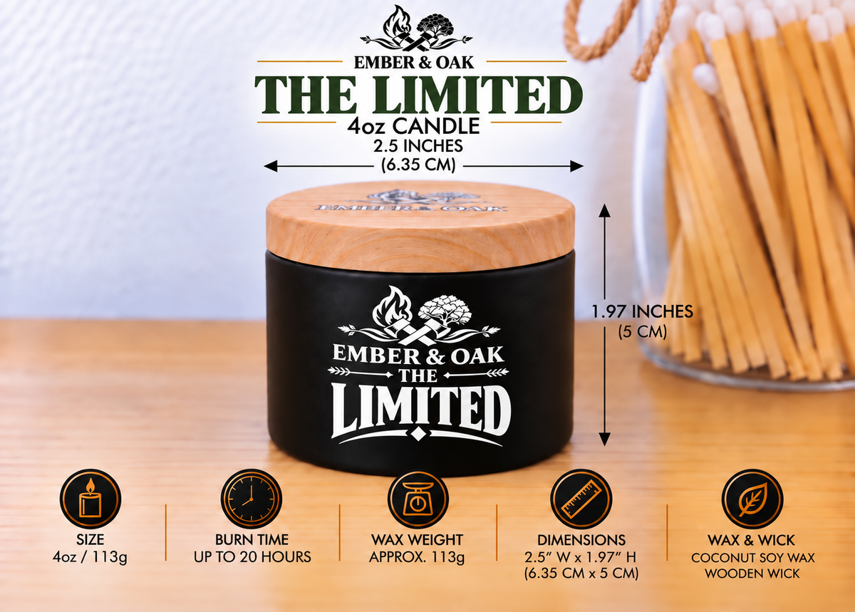     Ember & Oak The Limited 4oz candle showing dimensions, wax weight and product specifications