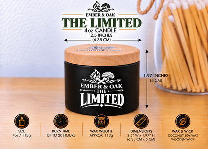     Ember & Oak The Limited 4oz candle showing dimensions, wax weight and product specifications