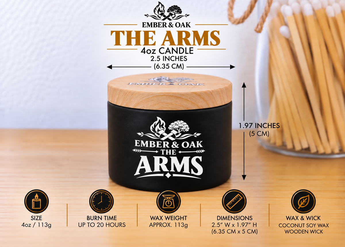     Ember & Oak The Arms 4oz candle showing dimensions, wax weight and product specifications
