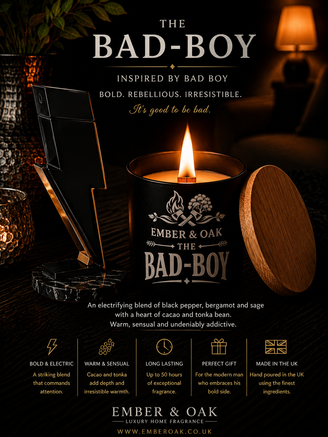 The Bad-Boy candle inspired by Bad Boy showing fragrance inspiration and product details