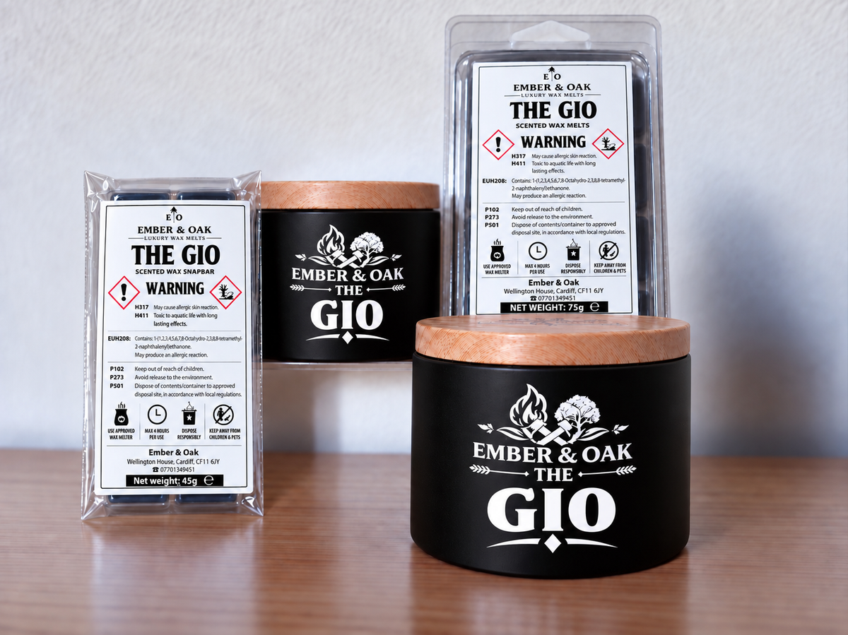 The Gio candle, wax melt and snap bar displayed together