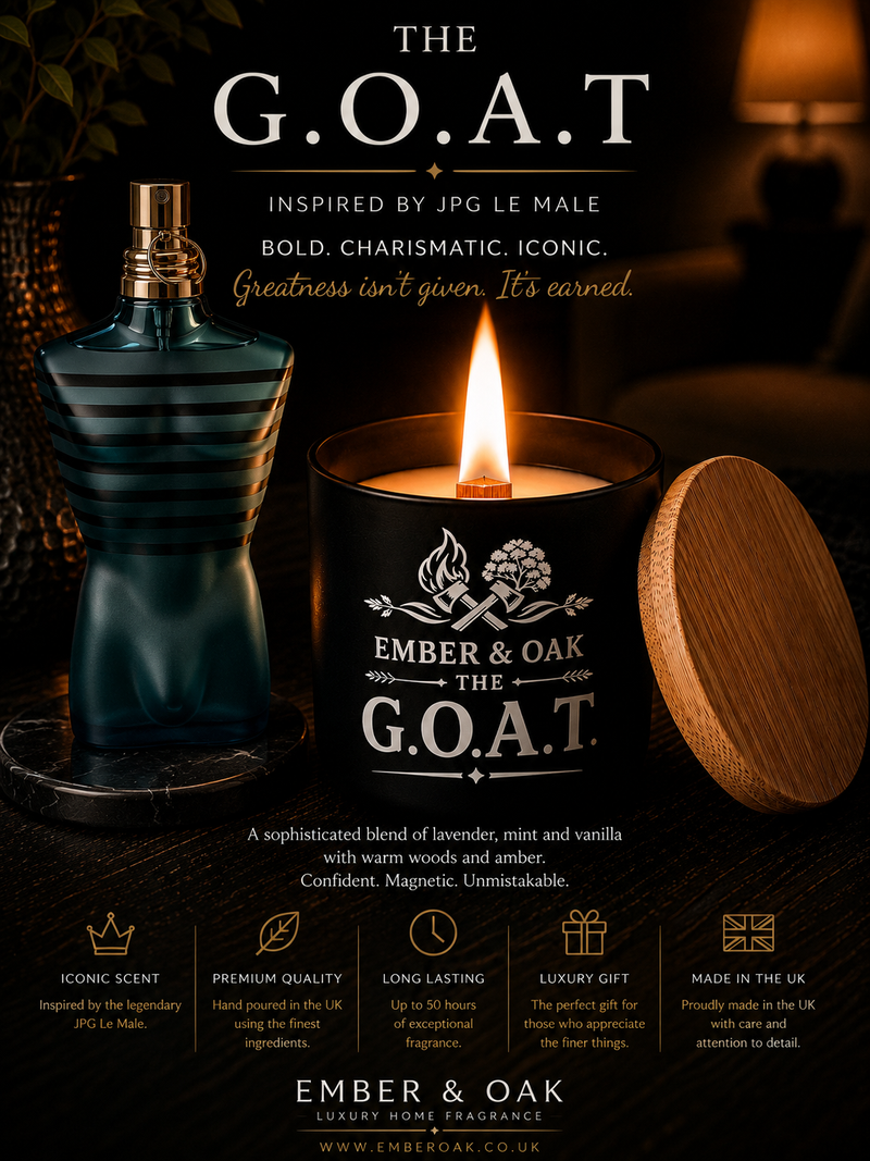 The G.O.A.T candle inspired by Le Male showing fragrance inspiration and product details