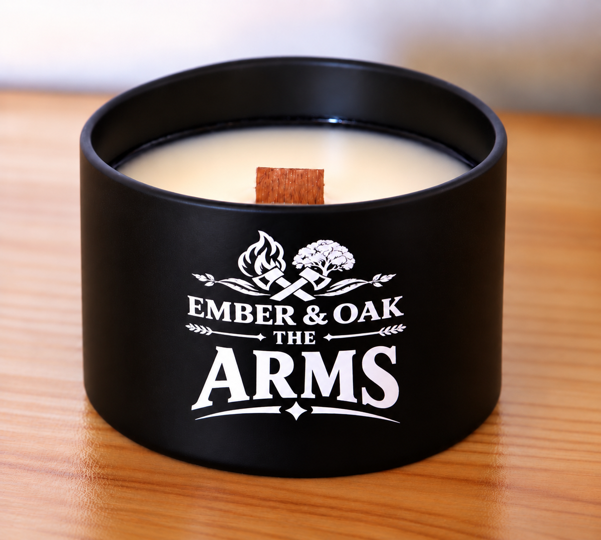    The Arms 8oz candle showing coconut soy wax and wooden wick