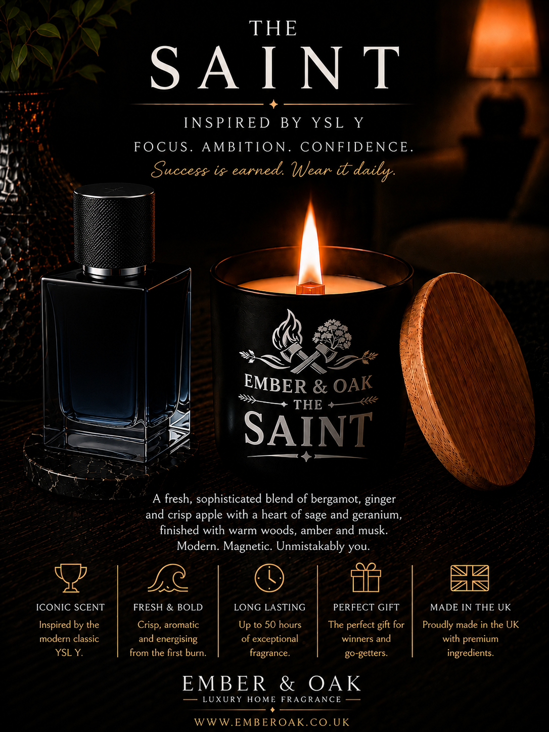 The Saint candle showing fragrance inspiration and product details