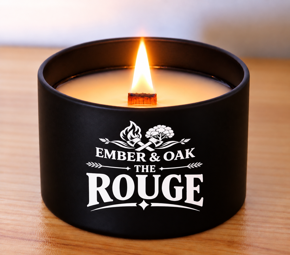     The Rouge 8oz luxury scented candle burning with wooden wick and Ember & Oak branding